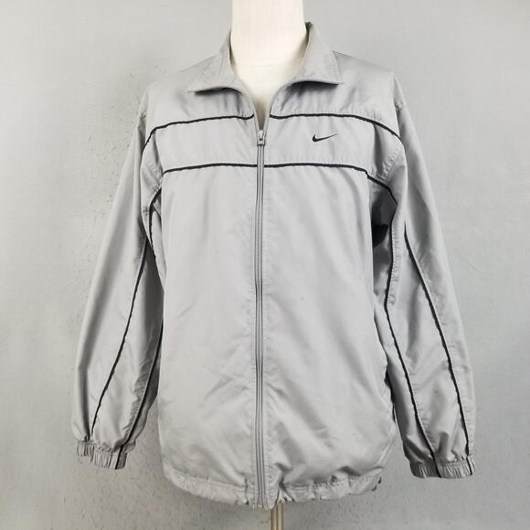 Nike Windbreaker Jacket Mens Large Gray Full Zip Mesh Lined Black Piping Swoosh - Picture 1 of 16